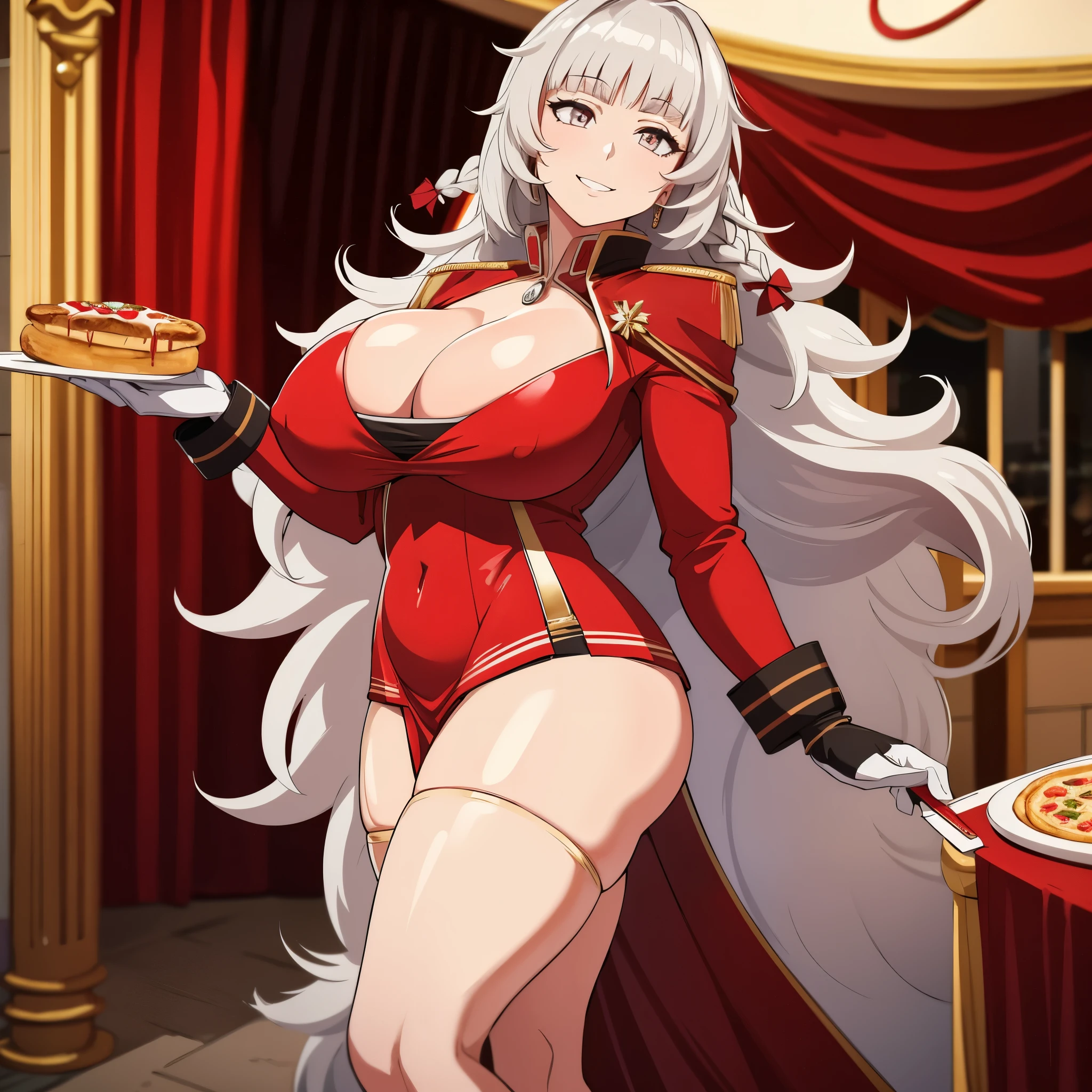 A woman wearing a sexy red dress with gold details, red heels, silver hair, silver eyes, big breasts, smiling in a pizzeria,HDR, very detailed, ultra resolution, masterpiece. 8k hd.