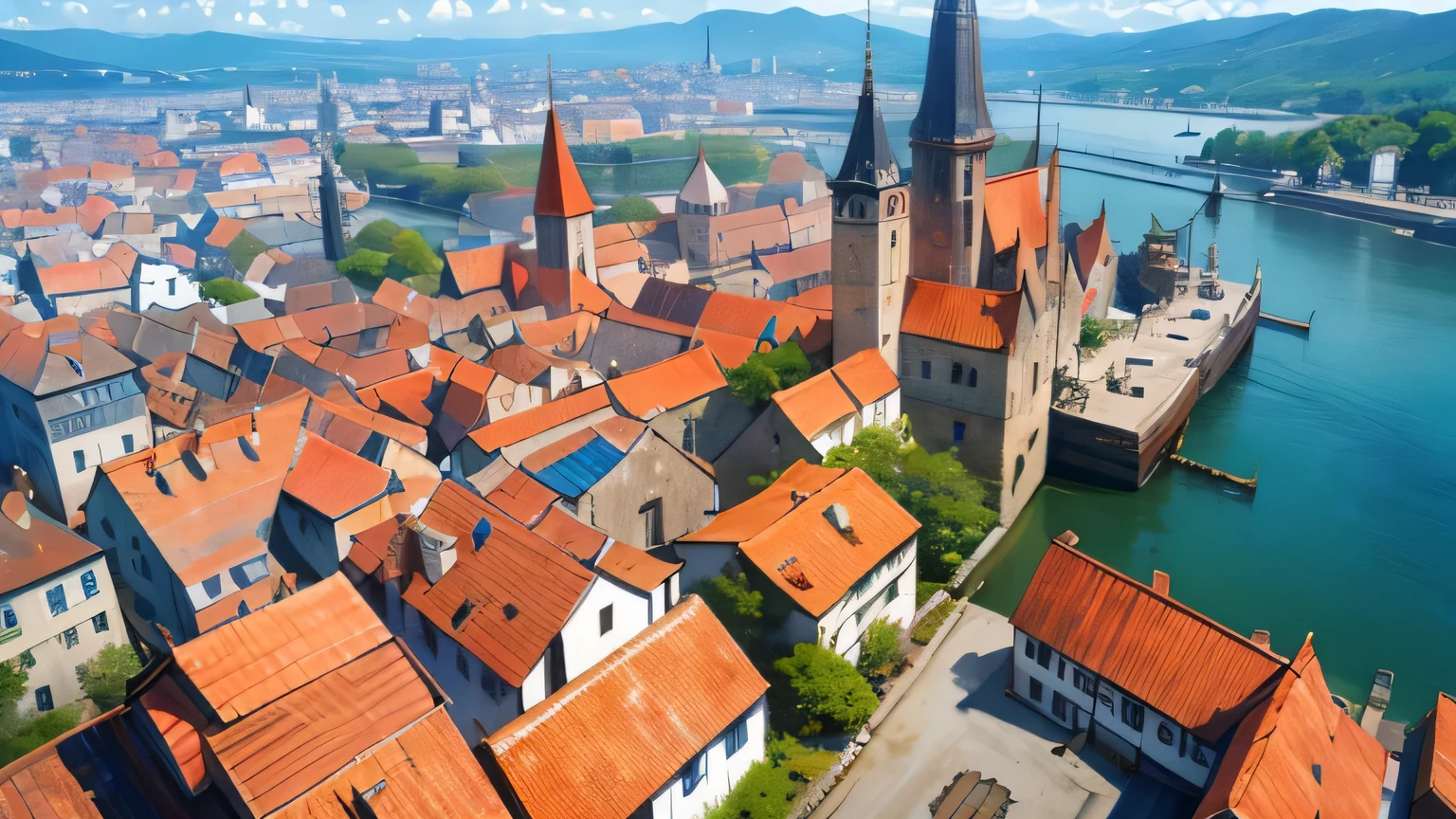 Aerial view of a bustling port city with ancient wooden ships and stone buildings, vibrant daytime atmosphere, medieval fantasy theme, detailed cobblestone streets, 8k resolution, detailed textures 
