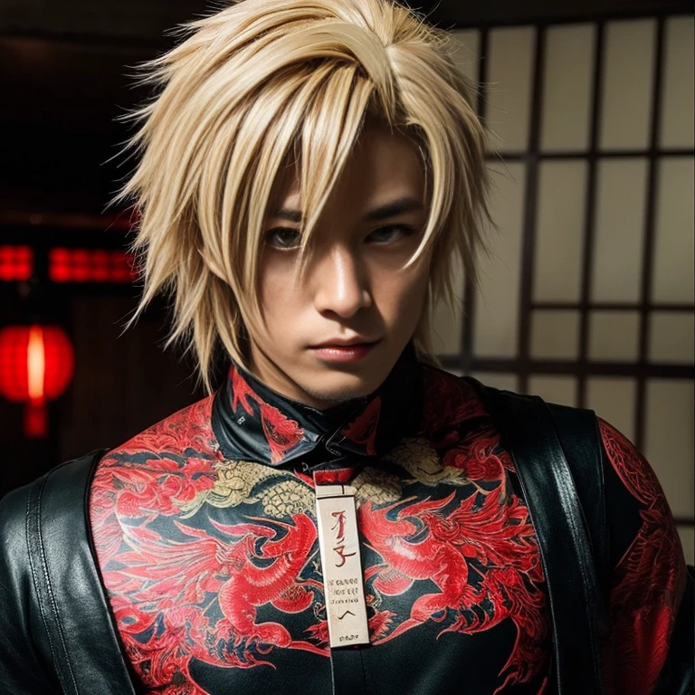 1 man, Japanese man, male, Asian eyes, muscular, broad shoulders, dragon tattoos, hairstyle Visual Kei style, hair Visual Kei, black men's shirt and black pants, ultra detailed face, hyperrealistic, realistic representation, long hair, long hair, 30 years old, age 30 years, blond, blonde hair