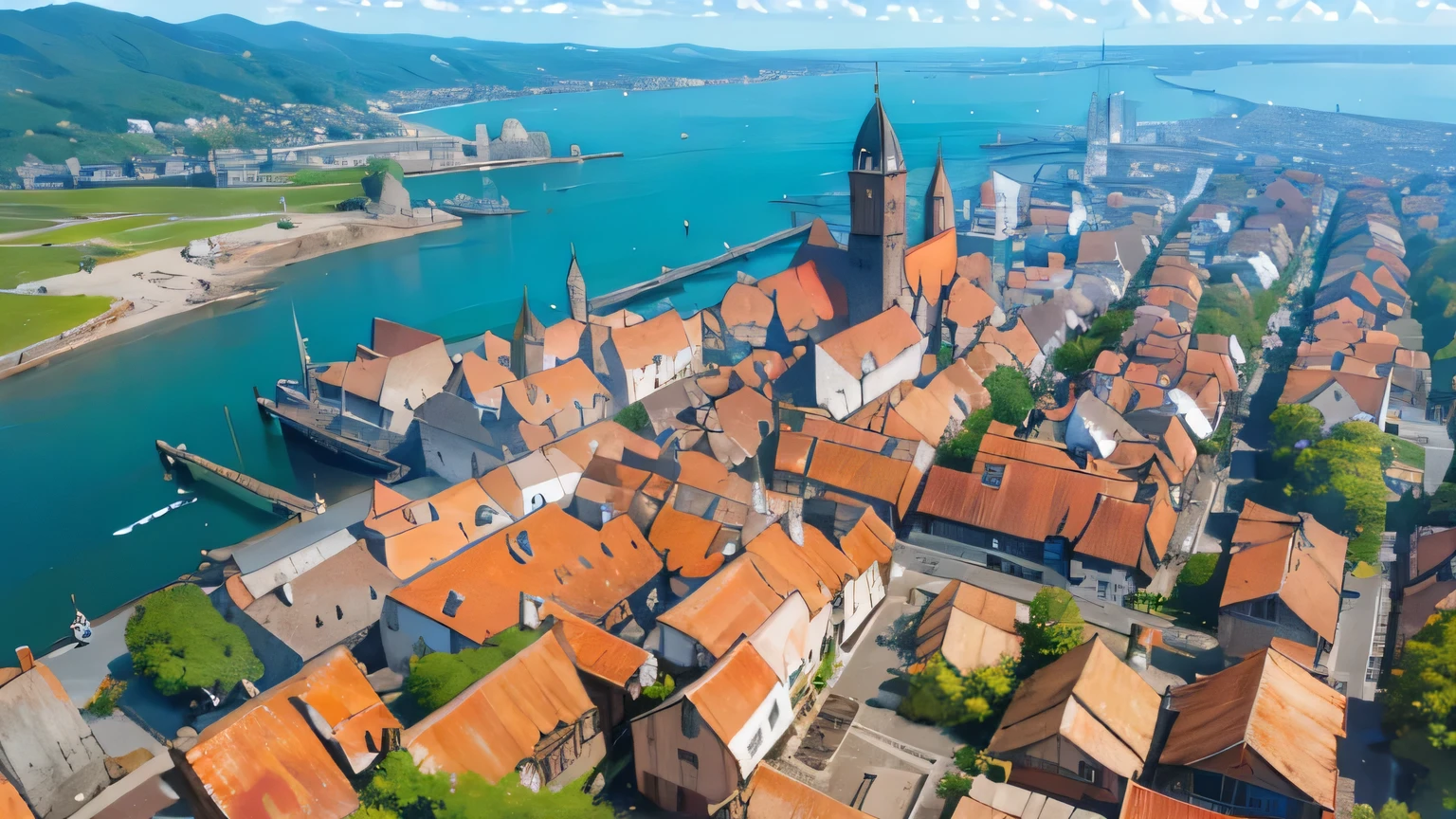 Aerial view of a bustling port city with ancient wooden ships and stone buildings, vibrant daytime atmosphere, medieval fantasy theme, detailed cobblestone streets, 8k resolution, detailed textures