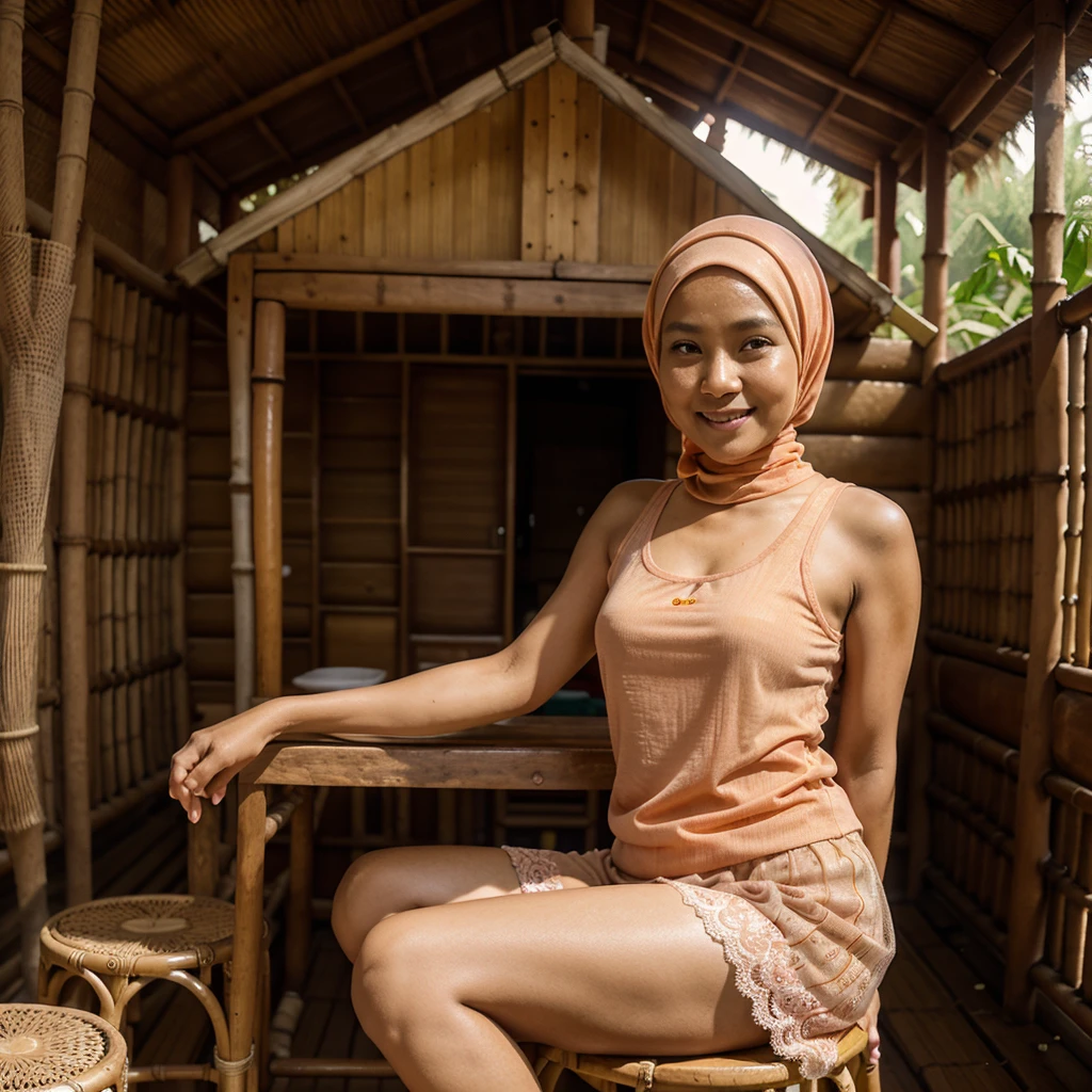 A 52 years old Indonesian woman in peach color hijab, wearing peach color tank top, wearing see-through peach color lace skirt, smiling and sitting on the stool in the old bamboo cabin in a forest, look to the viewer with eye close, dark skin, skinny body, short body