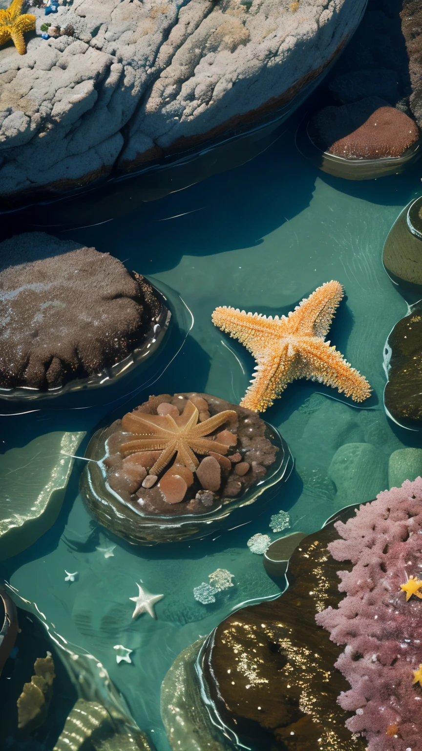 Create a image of A photorealistic close-up of a tiny starfish clinging to a colorful rock in a tide pool. The tide pool is teeming with life, with small fish, crabs, and seaweed visible.