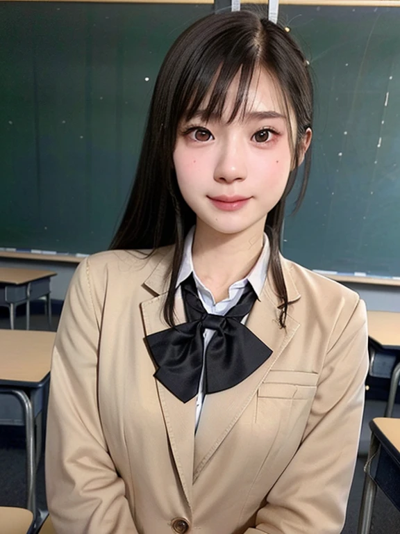 (kawaii 18 year-old Japanese girl, Nogizaka idol, Korean idol), (glossy black hair, high ponytail, bangs:1.3), (extra rounded face, single eyelid, no makeup, soft smiling:1.2), (well shaped whitened teeth:0.7), (wearing Japanese school uniforms, blazer jacket, collared shirt, school bow tie:1.3), well shaped extra small breasts, pleated skirt, (looking at viewer:1.2), BREAK, (simple classroom background:1.3), (dynamic angle, bust shot:1.3), BREAK, (masterpiece, best quality, photo realistic, official art:1.4), (UHD, 8K quality wallpaper, high resolution, raw photo, film grain:1.2), (shiny skin), professional lighting, physically based rendering, award winning, (perfect anatomy, highly detailed skin, extremely detailed face and eyes, well drawn glittering pupils), Carl Zeiss 85 mm F/1.4, depth of field, 1girl, solo,