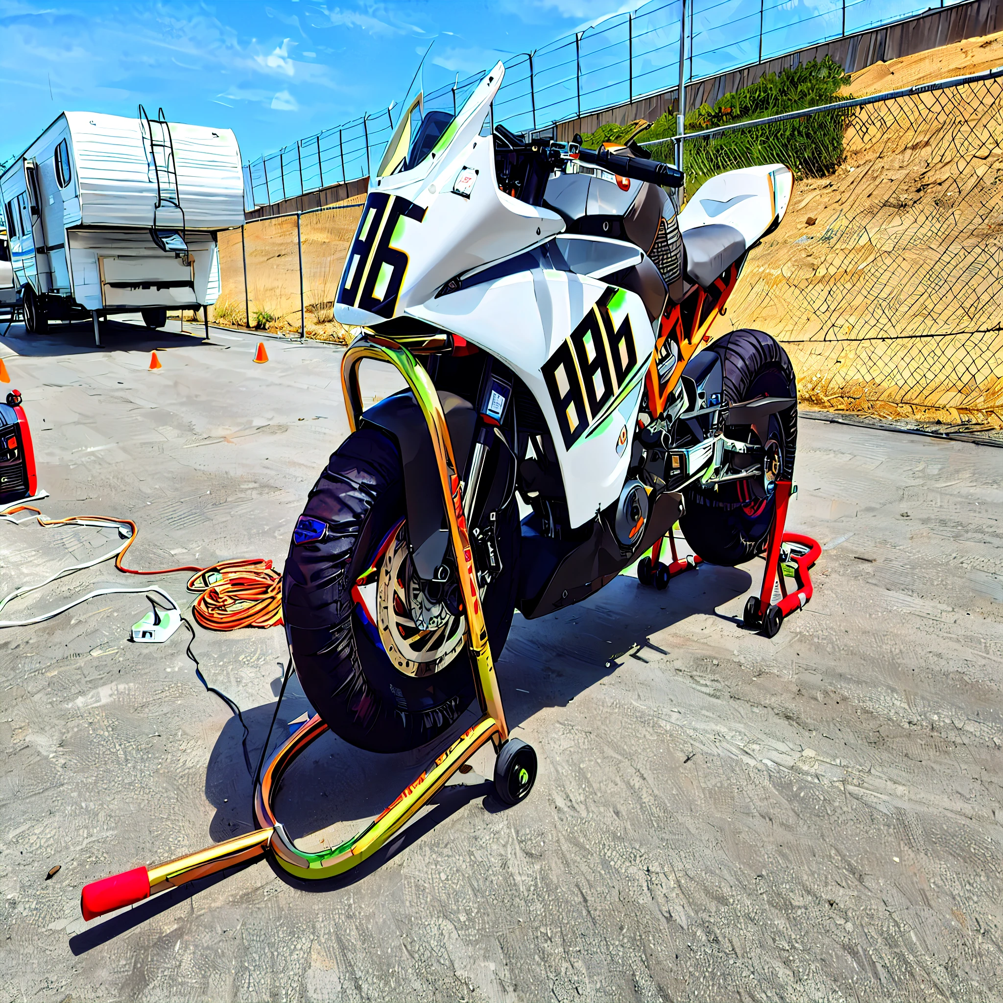 there is a motorcycle that is parked in a lot with a trailer behind it, by James Bateman, wheelie, rb 6 s, rb6s, a short and average built, california;, looks like jerma985, !!beautiful!!, 8k!, by Thomas Baines, contest winning masterpiece, by derek zabrocki, r6