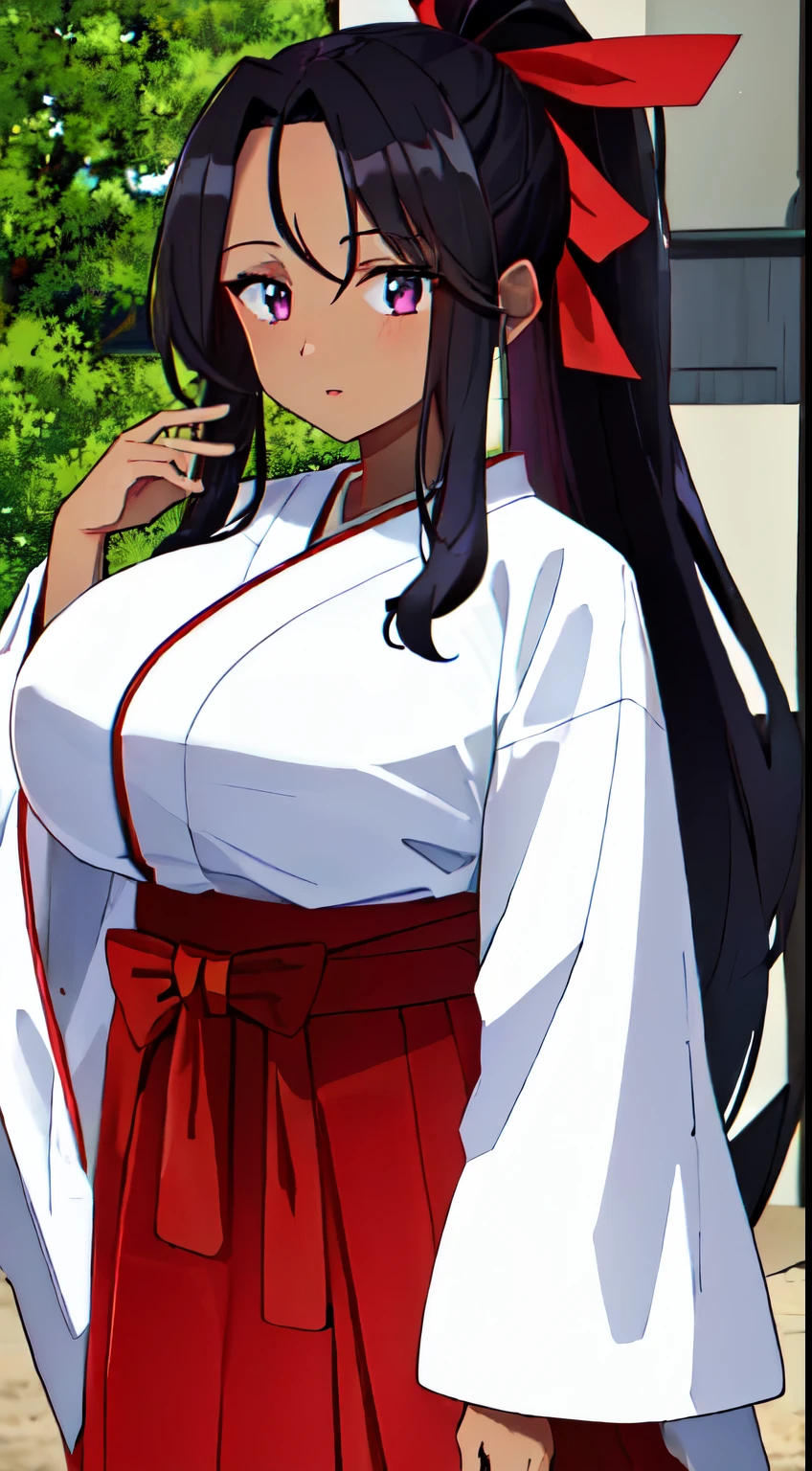 masterpiece, best quality, anime screeshot, a close photo, 1 girl, solo, standing, long hair, black hair, violet eyes,ponytail, Red hair ribbon, red hakama and white kimono, big breasts, huge breasts, looking_at_viewer, expressionless, upper_body, dark skin, ((Village background:1.0)), ((dark skin: 1.5)), , ((parted bangs: 1.4)), ((massive forehead: 1.2))