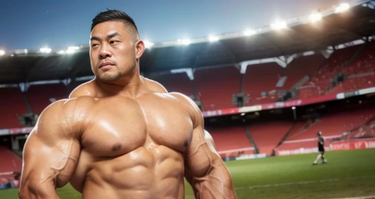 (at rugby ground:1.4), 40's, Japanese man, Chinese man, Korean man, Taiwanese man, manly face, fat face, (round face:1.4), (monolid eyes:1.2), (buzz cut:1.4), very large and strong body, bulky body, beefy muscles, (bulging muscles:1.4), (very large pectoral muscles:1.4), (muscular arms:1.4), muscular abs, muscular legs, muscular back, brightens oily skin, master piece, (realistic:1.4), panorama, distant view