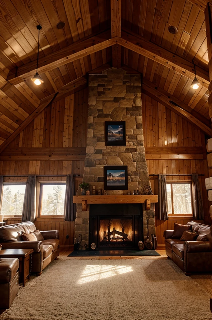 Ski lodge, cozy interior with high ceiling, anime style