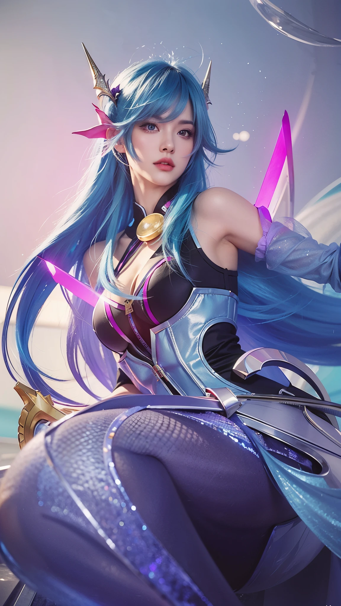 8k, very detailed, close up image of a beautiful blue haired woman
