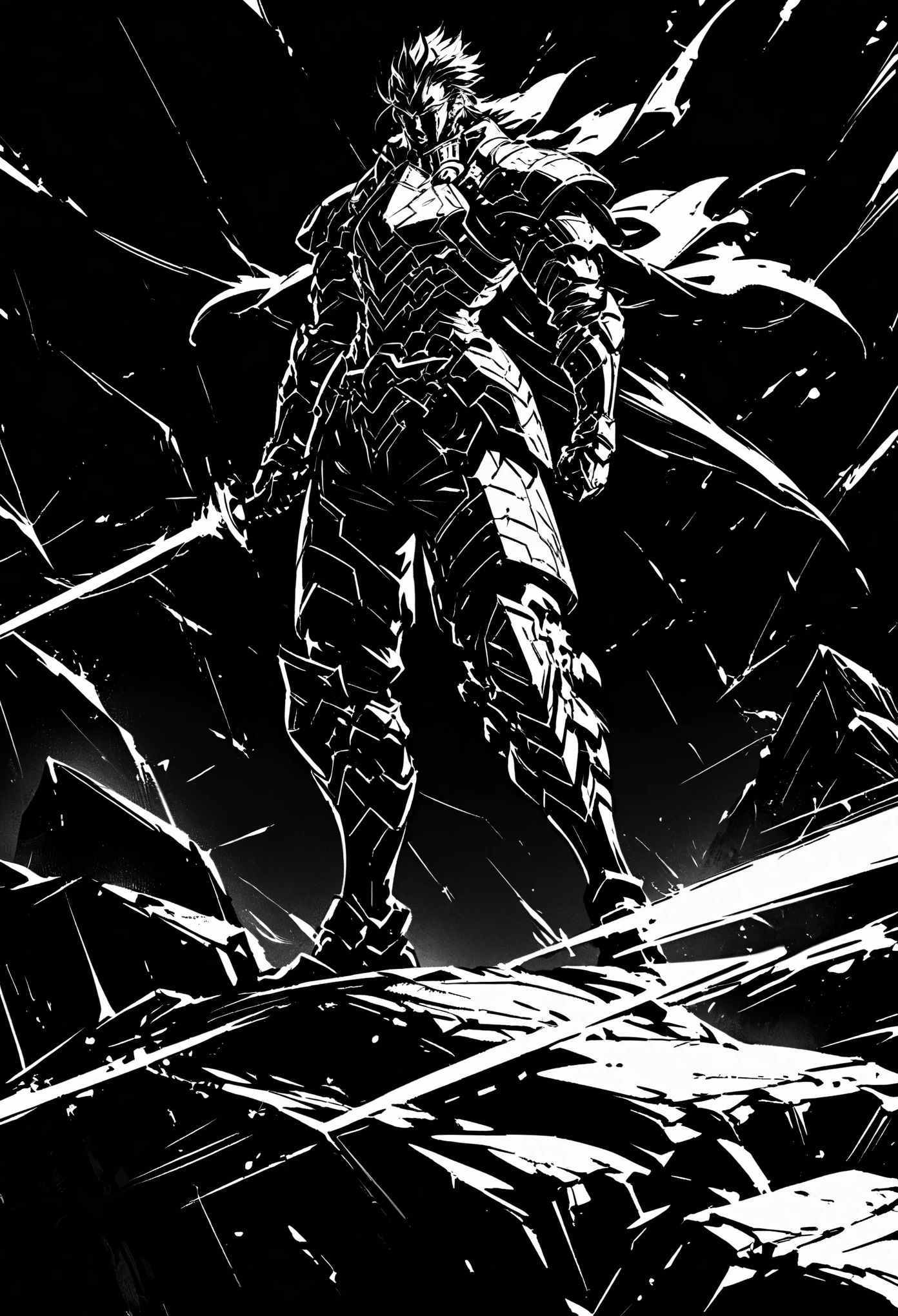 A sci-fi warrior stands on a rock artistically rendered in a futuristic city pattern, holding an energy sword, held high above his head. Against a dark background, his armor glows with technology, demonstrating the strength and determination of a future warrior.