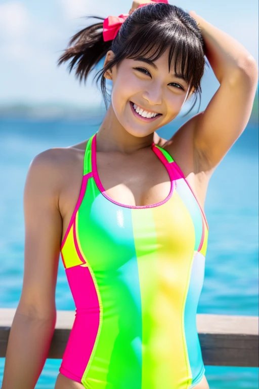 Racing swimsuit with a very thin fit and bright neon colors　smile　Beautiful woman　show your armpits　detailed skin texture　very short hair　detailed beautiful face　abs　