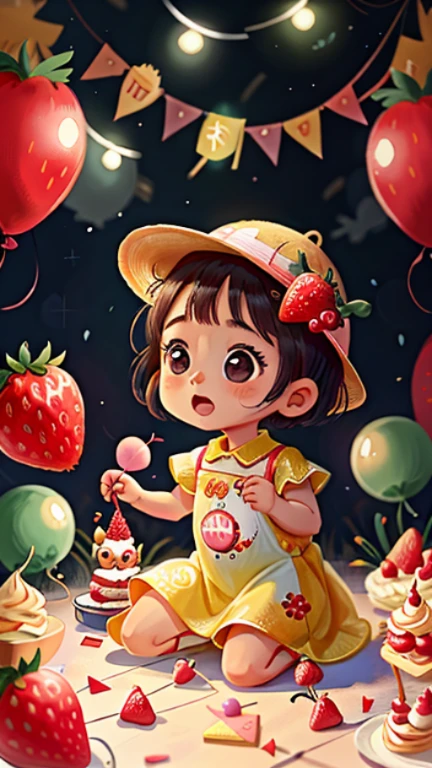  1 yearian, olhos brilhantes com vestido de estampa de morangos, with birthday hat, animada, feliz, with many party balloons and a strawberry cake in front of her