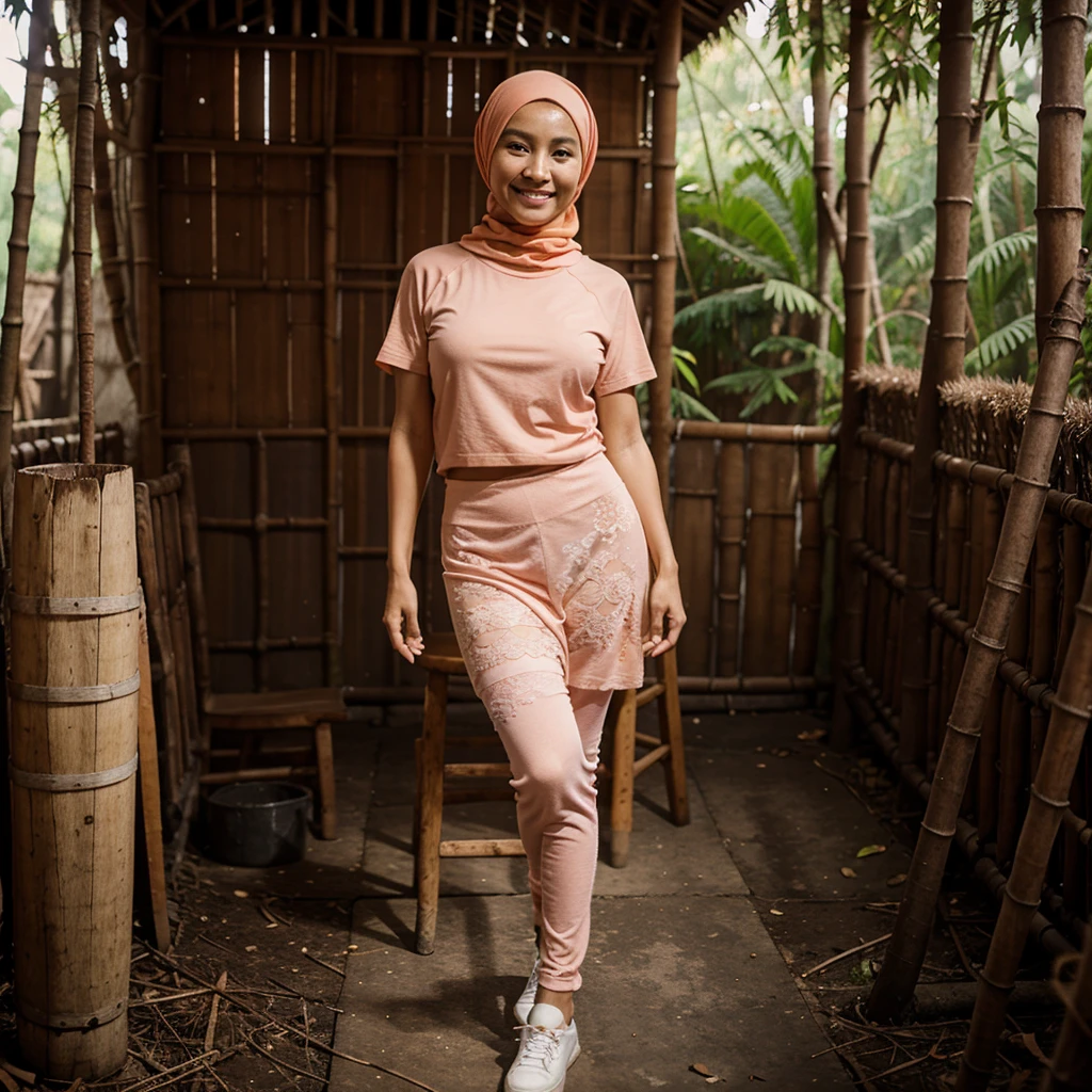 A 52 years old Indonesian woman in peach color hijab, wearing peach color tight t-shirt, wearing peach color leggings, wearing see-through peach color lace skirt, smiling and standing on the stool in the old bamboo cabin in a forest, look to the viewer with eye close, dark skin, skinny body, short body