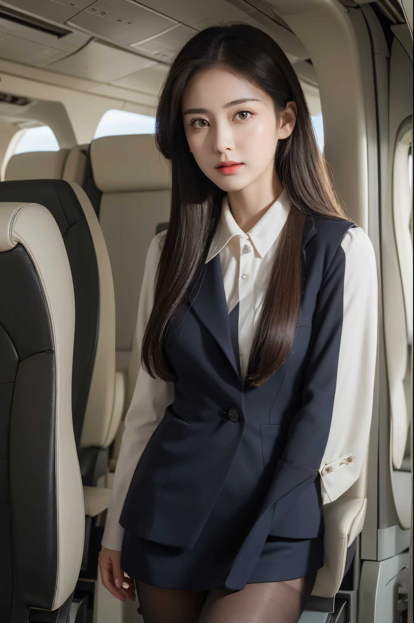best quality, masterpiece, 8k, ultra high res, (photorealistic:1.4), highly detailed, intricate detail, delicate and beautiful, good lighting, professional lighting, sharp focus, detailed shadows, exquisite details and textures, depth of field, unity 8k wallpaper, cinematic composition, cinematic lighting, official art, Cabin Crew, flight attendant, black pantyhose, (aircraft, (Aircraft Corridor), Aircraft seats) beautiful elegant face, detailed face, detailed eyes, realistic hair, long hair, (1girl), (standing:1.3),