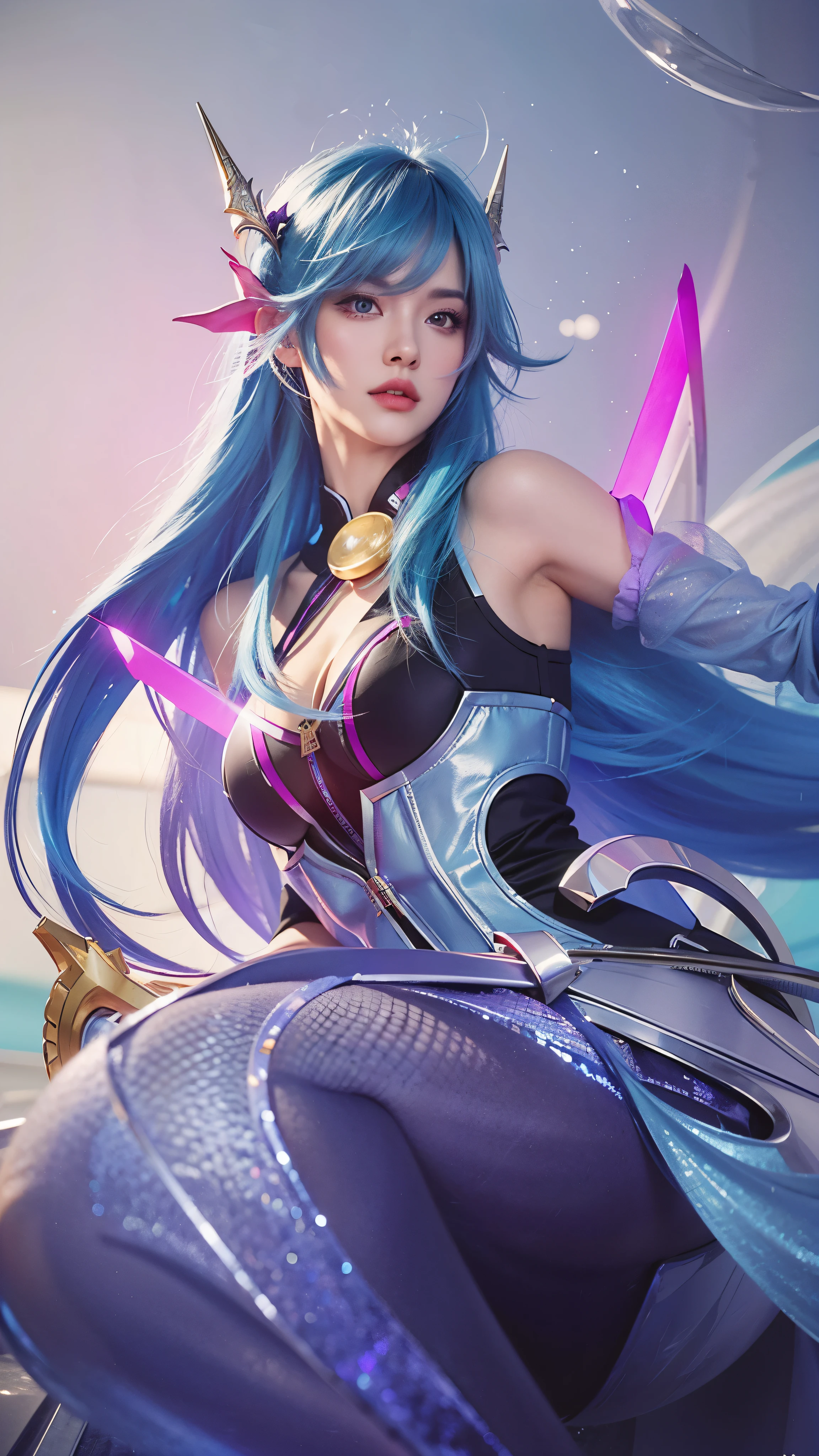 (best quality,ultra-detailed,realistic:1.37),vibrant colors,HDR,studio lighting,sharp focus,close-up,blue-haired woman,weapon,sword,Instagram model,Artgerm,Seraphine,Ahri,KDA,attention to detail,mermaid princess