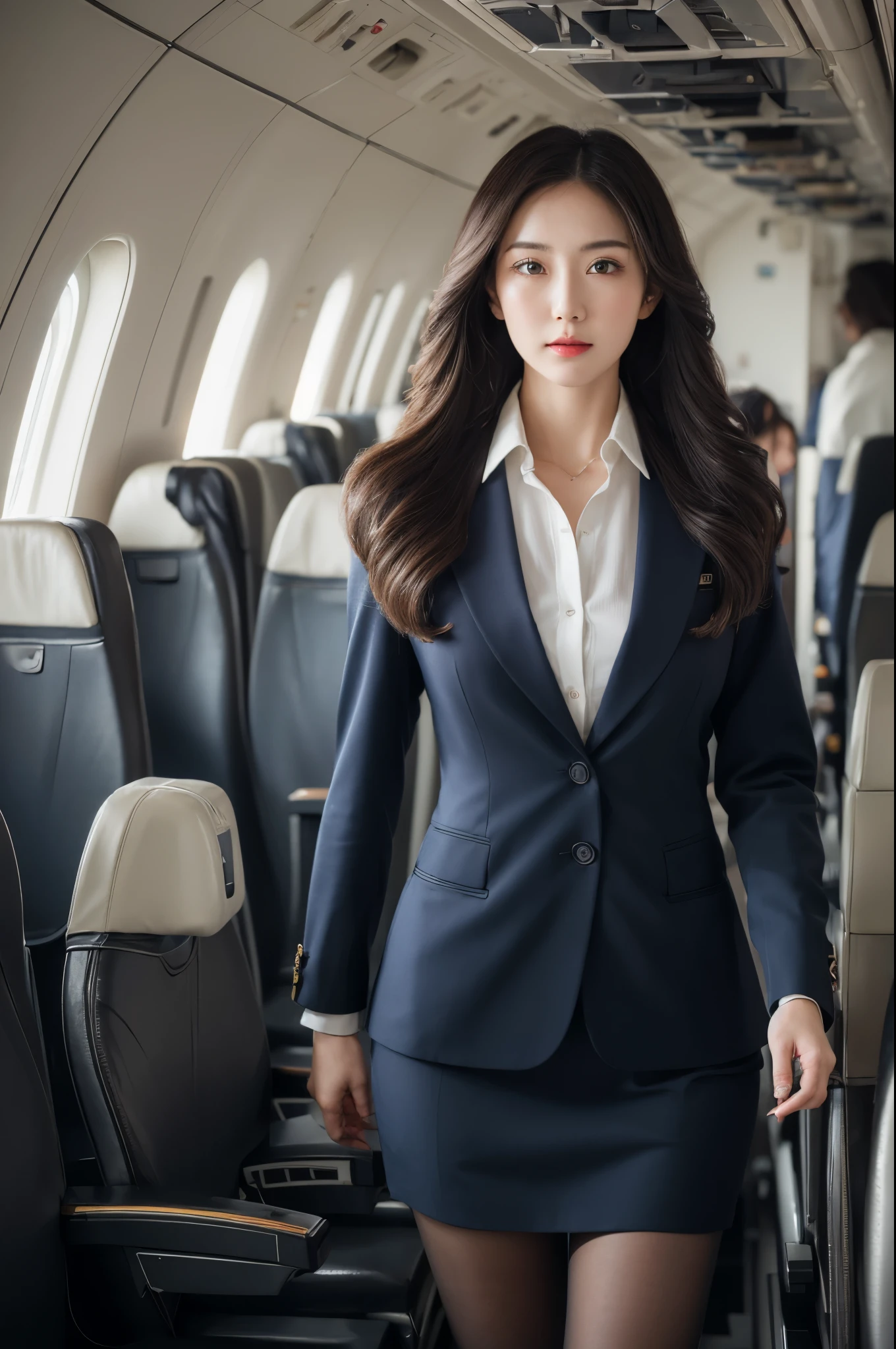 best quality, masterpiece, 8k, ultra high res, (photorealistic:1.4), highly detailed, intricate detail, delicate and beautiful, good lighting, professional lighting, sharp focus, detailed shadows, exquisite details and textures, depth of field, unity 8k wallpaper, cinematic composition, cinematic lighting, official art, Cabin Crew, flight attendant, black pantyhose, (aircraft, (Aircraft Corridor), Aircraft seats) beautiful elegant face, detailed face, detailed eyes, realistic hair, long hair, (1girl), (standing:1.3),