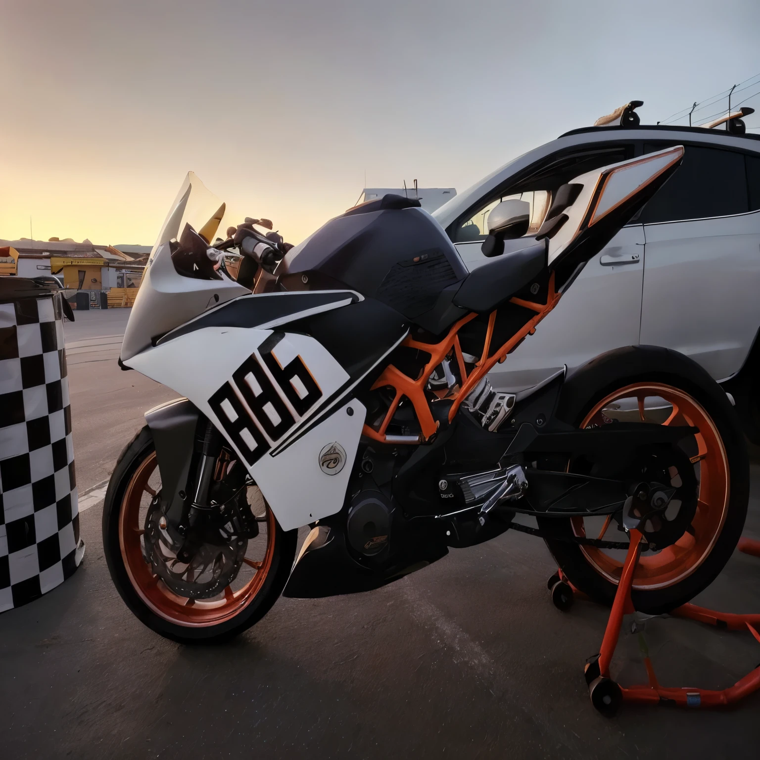 there is a motorcycle parked next to a car on a race track, orange racing stripes, cinematic front shot, 35840k film, motorcycle, samurai vinyl wrap, by Romain brook, looks like jerma985, motorcycles, postprocessed, wide screenshot, reddit post, photographed, forward facing angle, profile shot, front profile!!!!, front shot