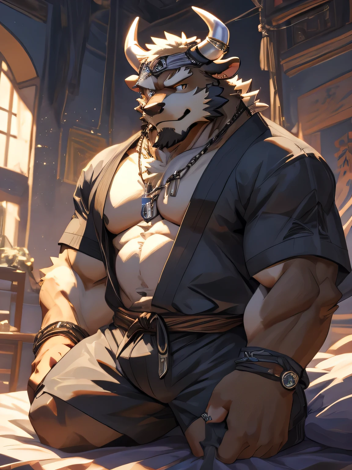 Hd, masterpiece, super detail, 8k, best picture quality, a man, male, cow, ((brown fur)), a pair of horns on the head, middle-aged, stout, tough guy, Grand Master, (((Naked except for a pair of shorts))), a red bandage wrapped around the forehead, ((He knelt on the bed and propped his hands on bed)), palms wrapped in white bandages, martial arts style, ((He had an adoring expression on his face)), the background is the Budokan