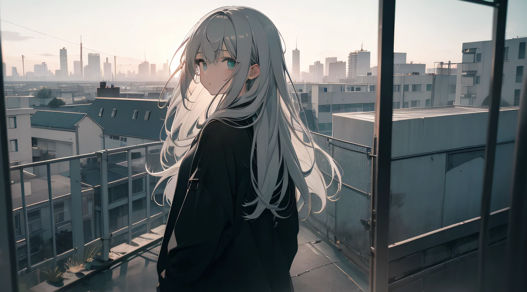 Faded tones, monochrome, cool girl, long bangs, hipster, gray hair, full body shot, monochrome, detailed face, fine eyes, black, green, white knit, big blurry background, Rooftop at dawn, shot from behind, looking out through the fence