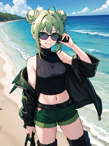 (highres), (best quality),1 girl, alone, medium hair, pastel green hair, twin buns, villain smile, violet eyes, round black sunglasses on head, beach, black sleeveless turtleneck top, green shorts, dark brown boots