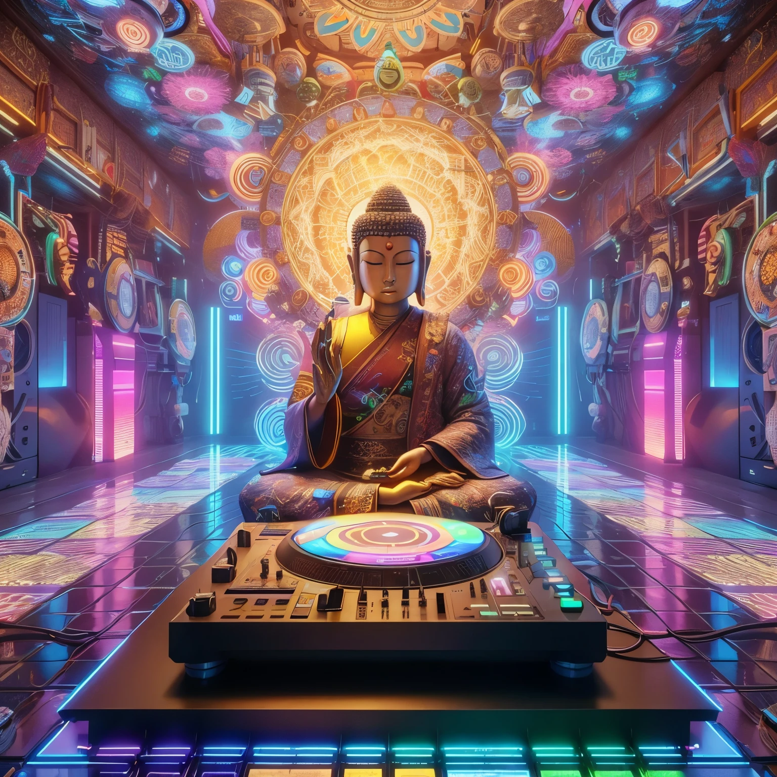 Buddha DJ wearing an ironman mask with a tantric priestess mixing music on a DJ turntable at a Hindu temple Ultra-realistic photo --auto