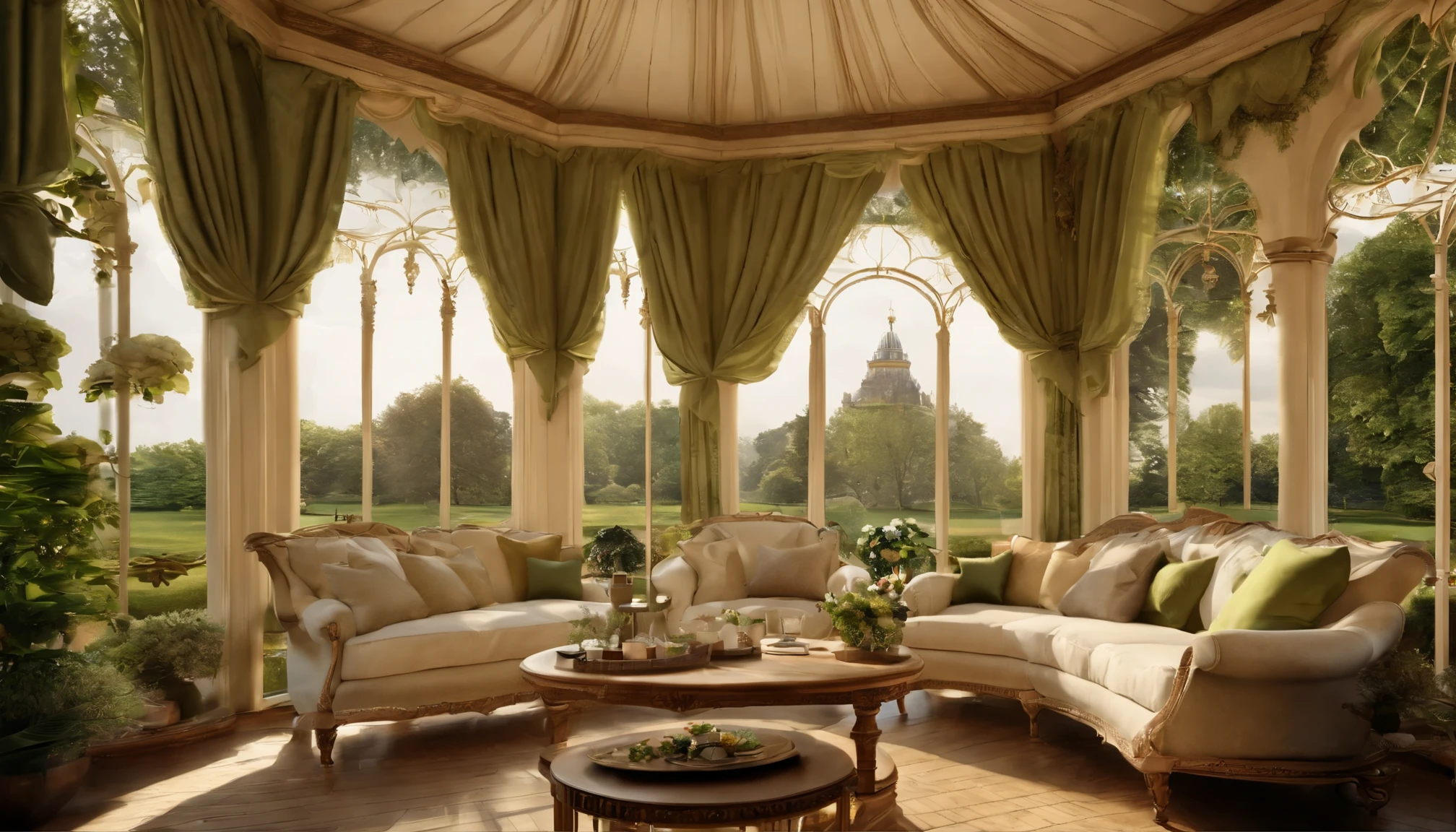 Top quality realistic photo of the interior of a luxurious Victorian gazebo with beige and white striped sofas surrounding a sofa bed for two. Outside you can see the green park lawn dog run for walks and the magnificent palace building. Gorgeous sofas. Cakes and tea on the table. This scene captures a peaceful moment of animals enjoying domestic life