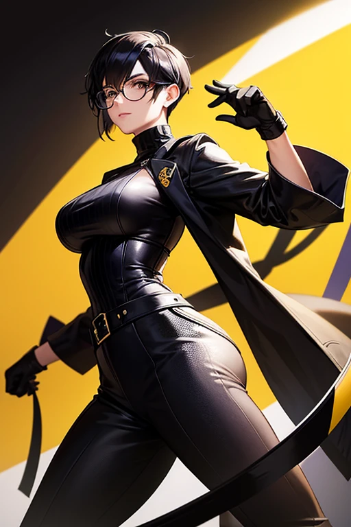 Wide angle shot, full body image, beautiful female fighter, wearing large glasses, black undercut hair, wearing large iron gloves, black and yellow Turtleneck outfit