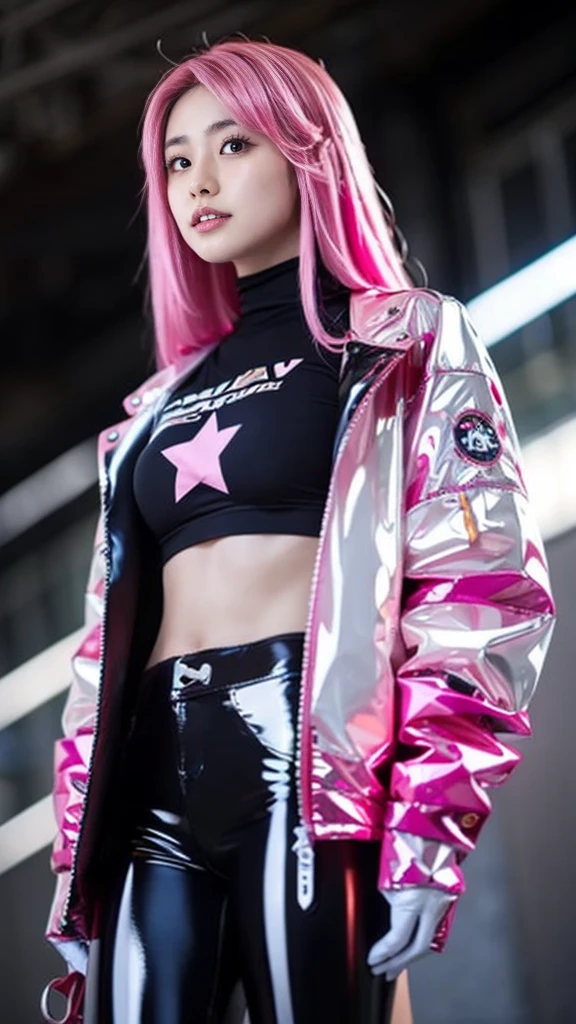 A young woman with loose hair dyed purple, blue and green, wearing a white leather jacket decorated with bright graffiti and a rainbow tulle skirt, dancing in a futuristic environment with LED walls displaying geometric patterns. Large headphones with holographic details dangle from a hand as it moves with grace.