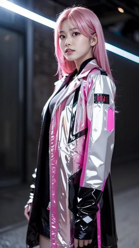 ((masterpiece))) full body, full body Shot (one girl) ((pink hair, long hair, straight hair, both sides up))), ((green eyes))), eye shadow, eyeliner, Glow eye, hyper detail eyes, complicated eyes, beautiful eyes, fine eyes, (((star-shaped pupil, Shining pink eyes))) 18 year old girls. (Wearing a transparent jacket made of PVC material)) huge cool weapon mechanical in hand, huge cool weapon mechanical, Mecha, Mechaanism, mechanical, open stance, Coalesce