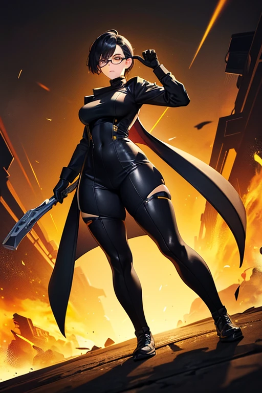Wide angle shot, full body image, beautiful female fighter, wearing large glasses, black undercut hair, wearing large iron gloves, black and yellow Turtleneck outfit