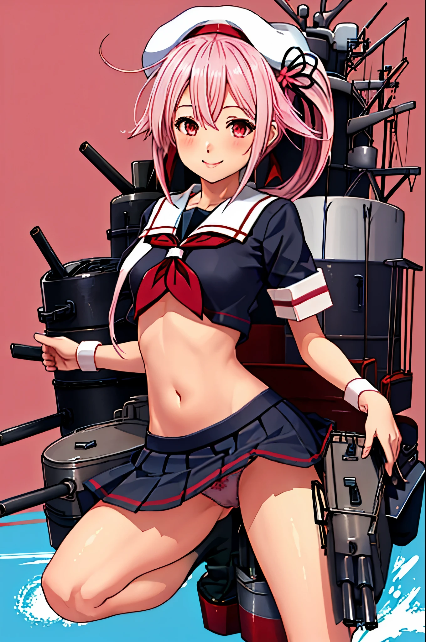 highest quality, masterpiece, High resolution, 1 girl, (KanColle)(harusame Kantai Collection:1.15), brown hair, red eyes,  smile, slender body, full body figure,pink hair, side ponytail, (black sailor uniform), pleated skirt, classroom background, slender body, full body figure, classroom background, slender body, full body figure, skirt lift, (panties), (bra), squat, (flashy underwear),