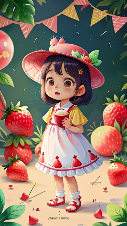  1 yearian, olhos brilhantes, pouco cabelo, cabelo curto, com vestido de estampa de morangos, with birthday hat, animada, feliz, with many party balloons and a strawberry cake in front of her