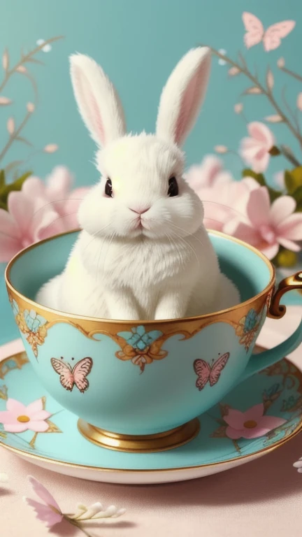 An extremely cute furry bunny is trapped in a decorative teacup, fantasy, soft turquoise, flowers, Butterfly, inpaint nice fantasy background