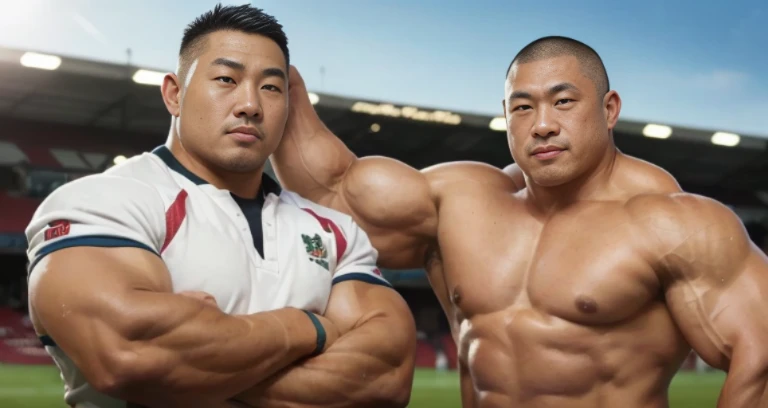 (at rugby ground:1.4), 40's, Japanese man, Chinese man, Korean man, Taiwanese man, manly face, fat face, (round face:1.4), (monolid eyes:1.2), (buzz cut:1.4), very large and strong body, bulky body, beefy muscles, (bulging muscles:1.4), (very large pectoral muscles:1.4), (muscular arms:1.4), muscular abs, muscular legs, muscular back, brightens oily skin, master piece, (realistic:1.4), panorama, distant view