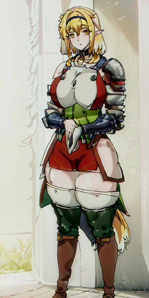 masterpiece, best quality, high quality, 1solo white SKIN elf, long hair, white hair, yellow eyes, full body, def_effie, blue breastplate, looking at viewer, shiny,armor, thighhighs, high boots,shoulder armor, faulds, poleyn, gloves, gauntlets