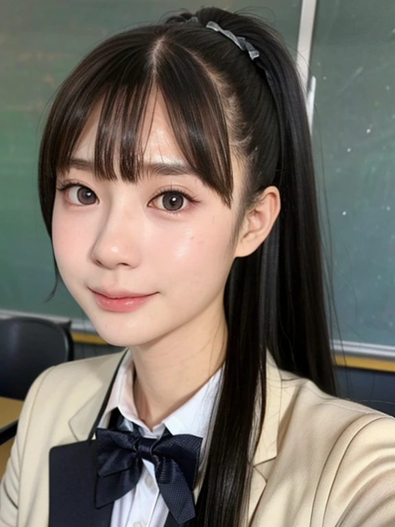 (kawaii 18 year-old Japanese girl, Nogizaka idol, Korean idol), (glossy black hair, high ponytail, bangs:1.3), (extra rounded face, single eyelid, no makeup, soft smiling:1.2), (well shaped whitened teeth:0.7), (wearing Japanese school uniforms, blazer jacket, collared shirt, school bow tie:1.3), well shaped extra small breasts, pleated skirt, (looking at viewer:1.2), BREAK, (simple classroom background:1.3), (dynamic angle, face focus:1.3), BREAK, (masterpiece, best quality, photo realistic, official art:1.4), (UHD, 8K quality wallpaper, high resolution, raw photo, film grain:1.2), (shiny skin), professional lighting, physically based rendering, award winning, (perfect anatomy, highly detailed skin, extremely detailed face and eyes, well drawn glittering pupils), Carl Zeiss 85 mm F/1.4, depth of field, 1girl, solo,