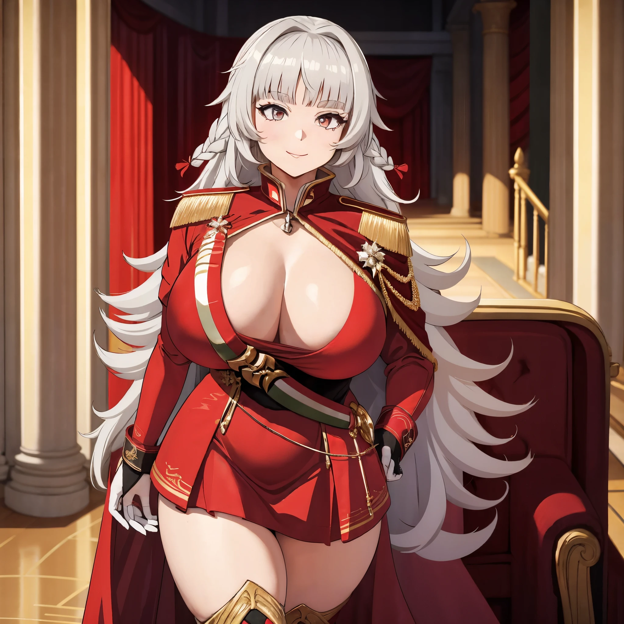 a woman wearing a red sex dress, wearing a red cape with gold details, silver hair, silver eyes, smiling, big breasts, in a large room with gold pillars, red curtain in the background, luxurious floors,HDR, very detailed, ultra resolution, masterpiece. 8k hd.
