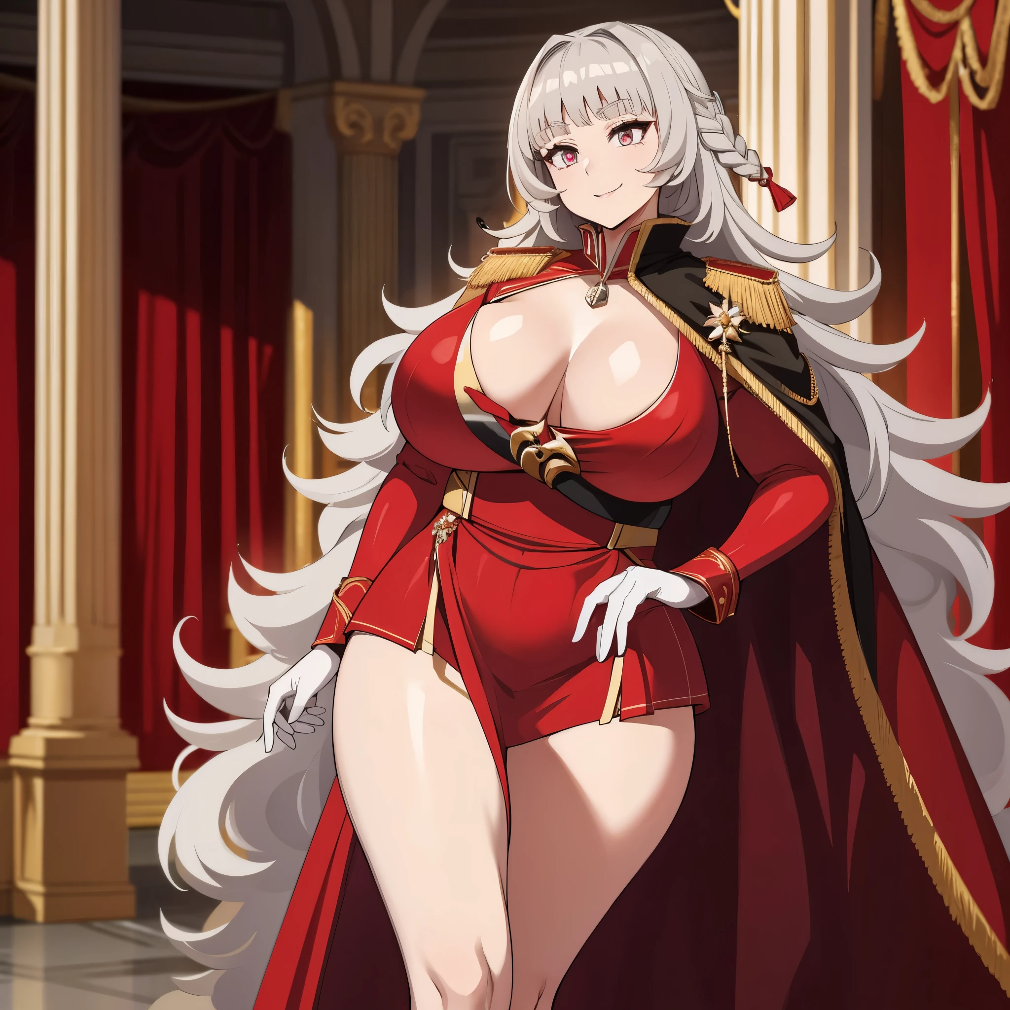 a woman wearing a red sex dress, wearing a red cape with gold details, silver hair, silver eyes, smiling, big breasts, in a large room with gold pillars, red curtain in the background, luxurious floors,HDR, very detailed, ultra resolution, masterpiece. 8k hd.
