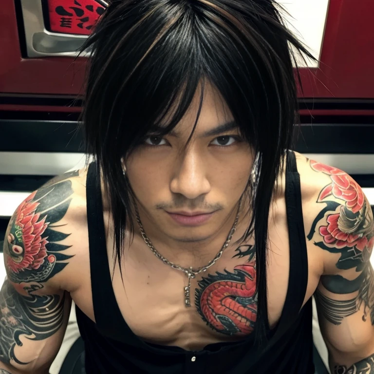 1 man, Japanese man, male, Asian eyes, muscular, broad shoulders, dragon tattoos, hairstyle Visual Kei style, hair Visual Kei, black men's shirt and black pants, ultra detailed face, hyperrealistic, realistic representation, long hair, long hair, 30 years old, age 30 years, blond, blonde hair