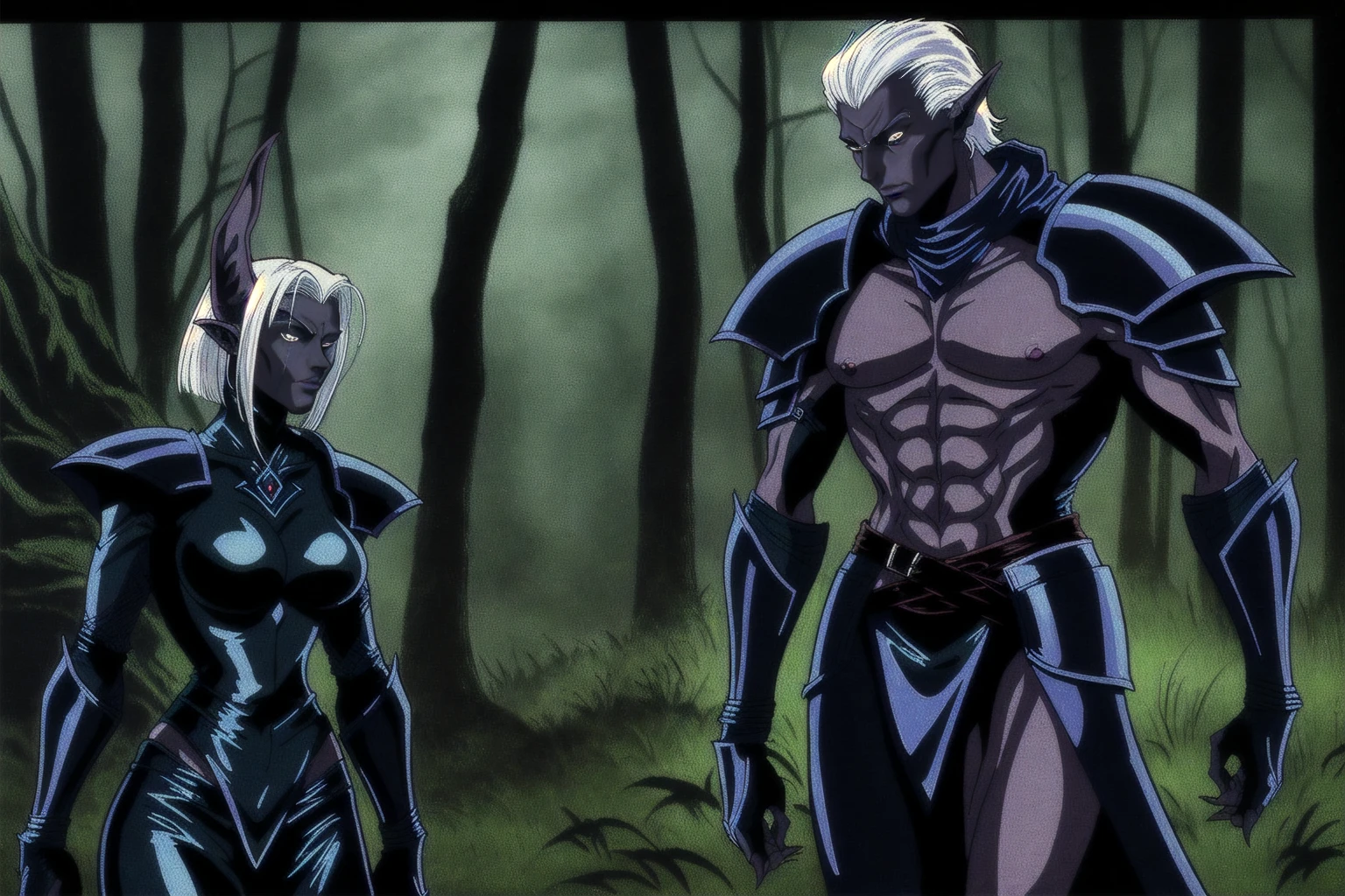 1990s style, dark fantasy anime illustration of a (mature Dark Elf Assassin with grey skin and short white hair), perfect face, wearing tight leather stealth armor, stalking her victim at night, ambient light, dark and moody, forest background, retro style