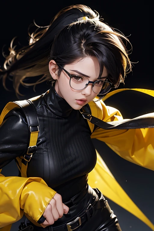 Wide angle shot, beautiful female fighter, wearing large glasses, black undercut hair, wearing large iron gloves, black and yellow Turtleneck outfit
