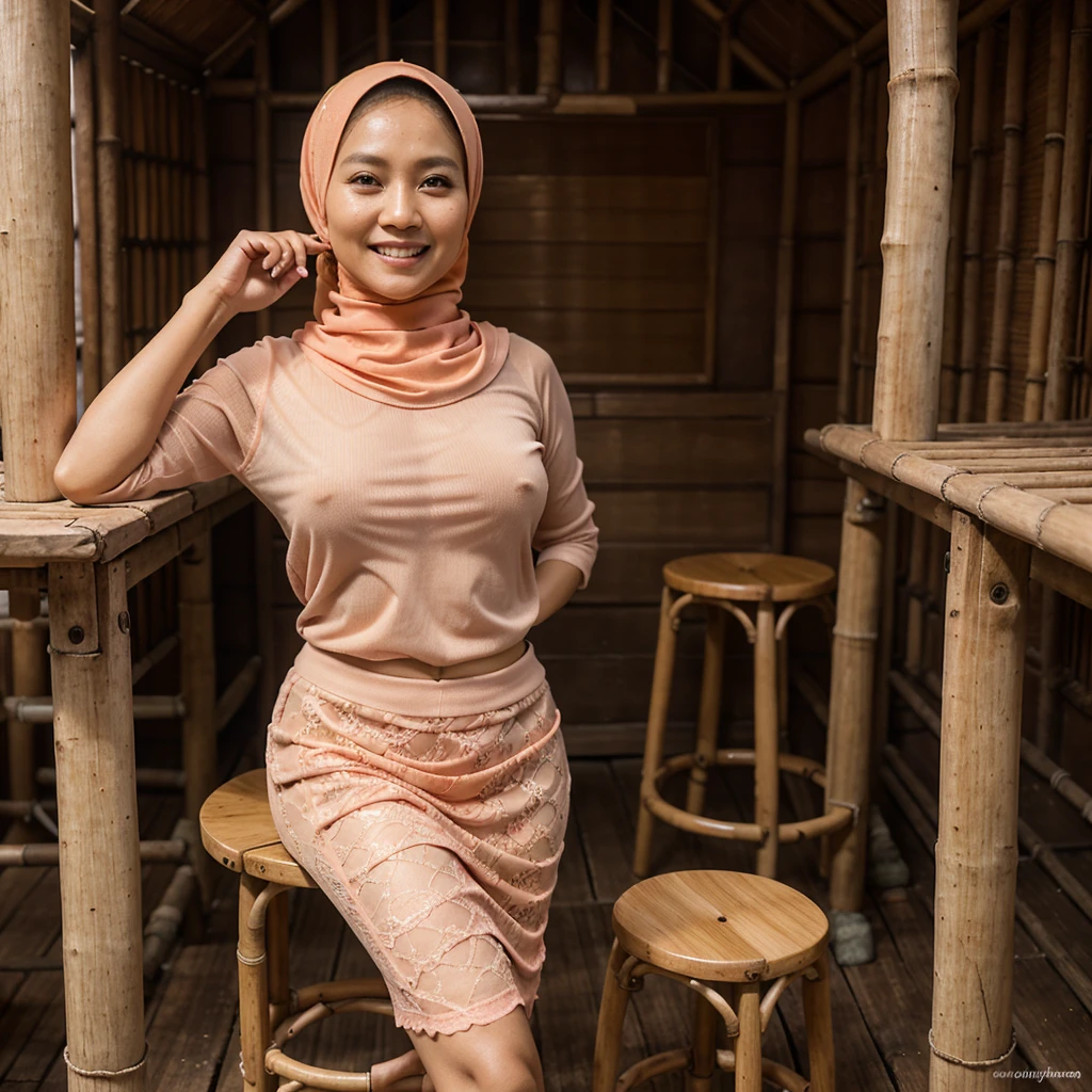 A 52 years old Indonesian woman in peach color hijab, wearing peach color tight t-shirt, wearing very short see-through peach color lace skirt, smiling and sitting on the stool in the old bamboo cabin in a forest, look to the viewer with eye close, darker skin, curvier body, short body