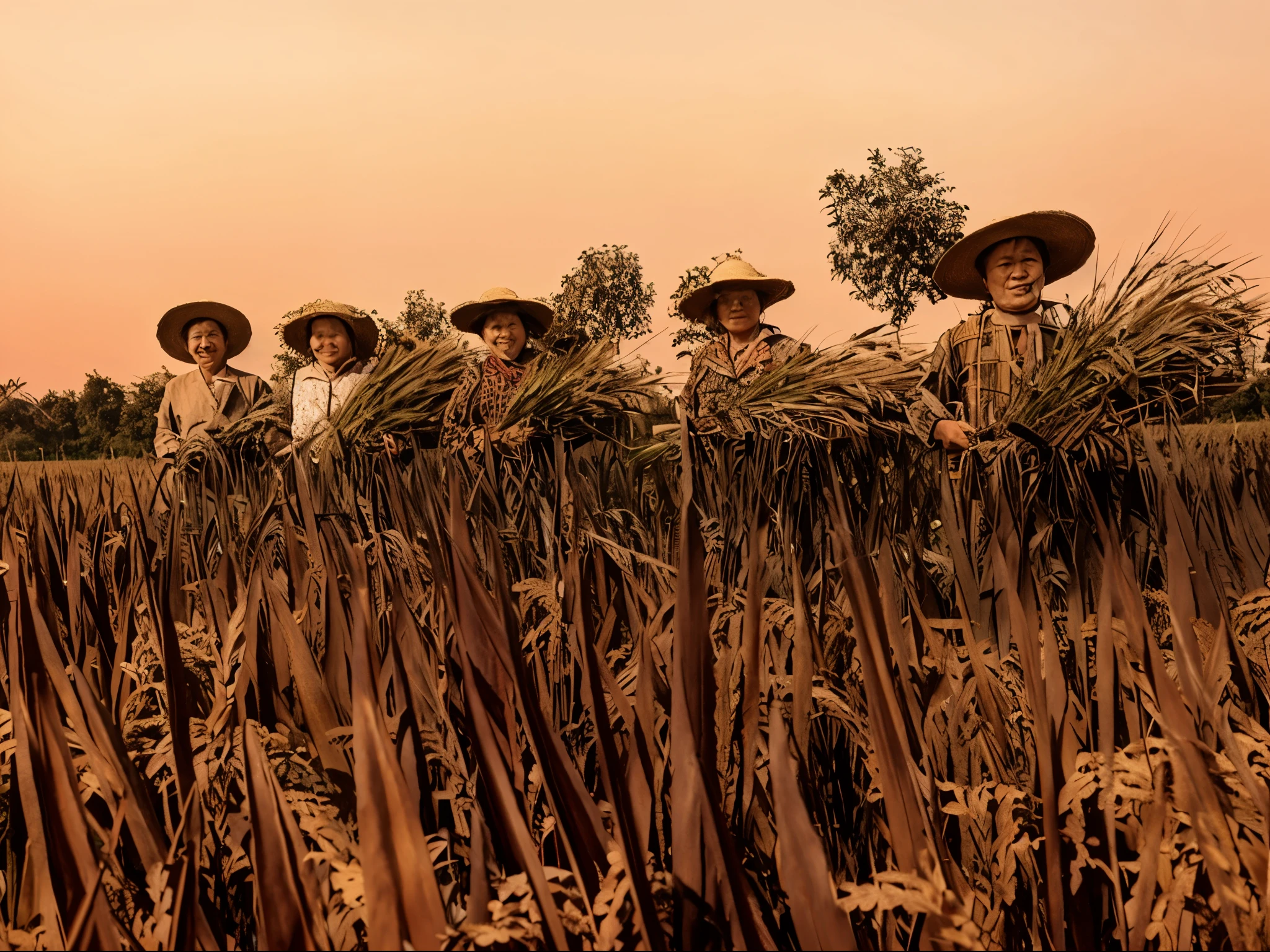 arafed group of people standing in a field of rice, Villagers are busy farming, harvest, beautiful sunny day, rice, rice paddies, japan harvest, by Caroline Mattinger, author：Robert Zunde, straw, Julian Hatton, author：Yang Borun, japanesse farmer, author：Jacob Gorman, farmer, Myanmar