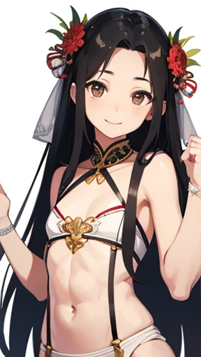 highest quality、realistic、Japanese、cute、smile、、black hair、、brown eyes、smile、exposed forehead、bust shot、thin、thin、abs、flat chest、Wedding dress、garter belt、