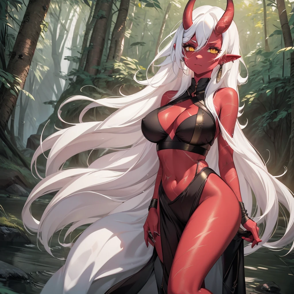A girl with ((red skin, long white hair, yellow eyes, sexy clothes, and big breasts)). She also has ((red horns)). The colors of the image should be vivid, enhancing the fantasy style. The lighting should be dramatic, with high contrast and strong shadows. The image should be of the best quality, with a resolution of 4k or 8k, and it should be a masterpiece. The image should have a realistic look, with attention to detail.