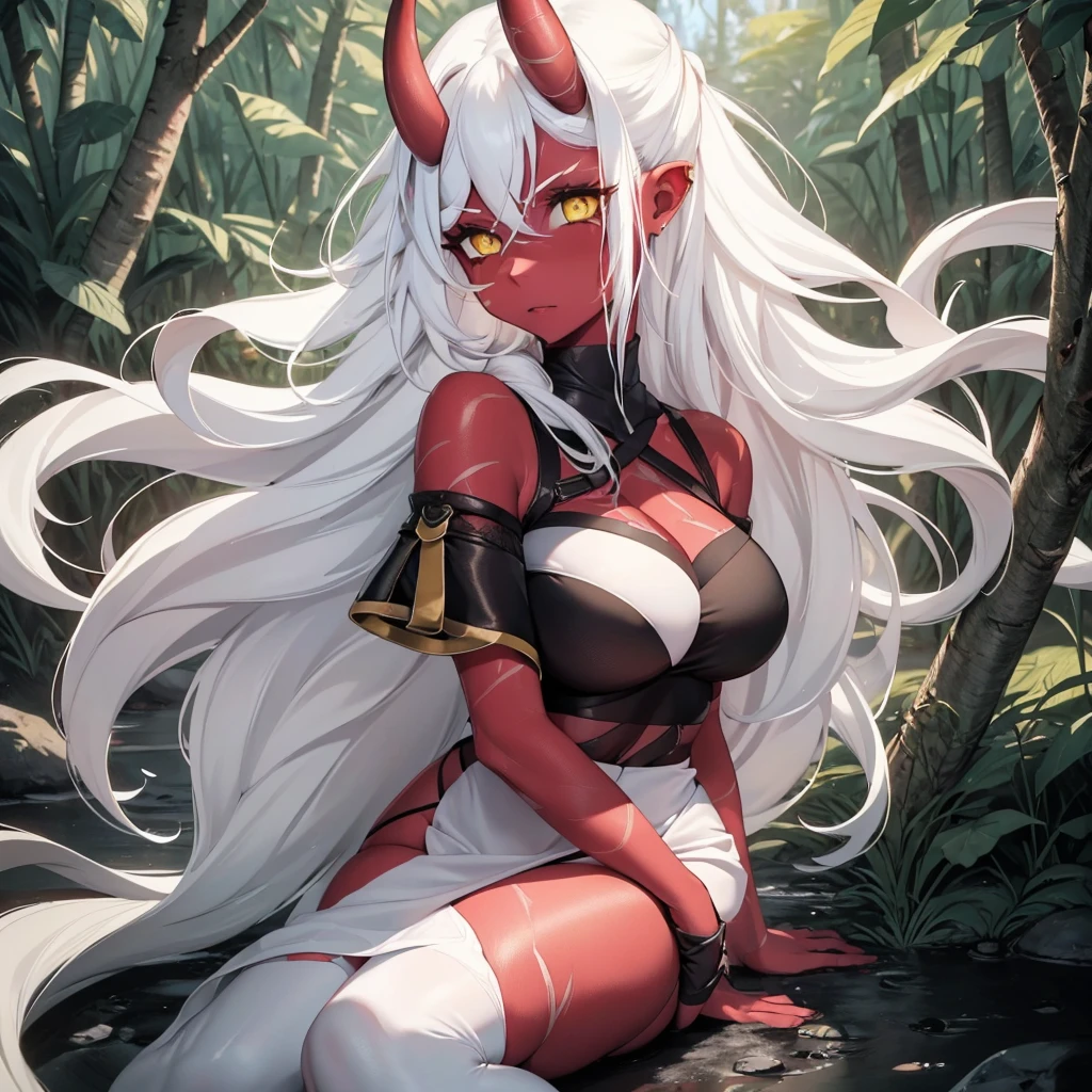 A girl with ((red skin, long white hair, yellow eyes, sexy clothes, and big breasts)). She also has ((red horns)). The colors of the image should be vivid, enhancing the fantasy style. The lighting should be dramatic, with high contrast and strong shadows. The image should be of the best quality, with a resolution of 4k or 8k, and it should be a masterpiece. The image should have a realistic look, with attention to detail.