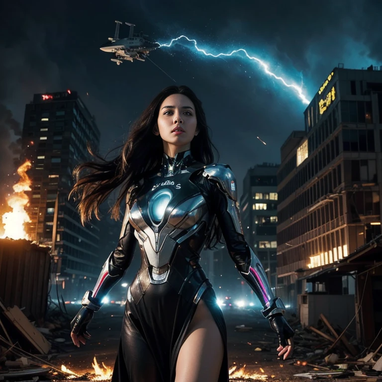 (highest quality、4k、8k、High resolution、master piece: 1.2)、Super detailed、(real、photorealistic、photorealistic: 1.37)、Destruction of a Great City、(A telekinetic woman stands in front of a spaceship controlled by the invaders:1.37) 、Women are young and beautiful、18-year-old、unparalleled beauty、Insert mental barriers to resist robot attacks、vibrant cityscape、Bright colors、Shining skyscrapers、busy street、Futuristic architecture and technology、Advanced holographic display、Neon light splashes 、dramatic lighting、intense shadow、Awe-inspiring power that exudes from women、Determination in His Eyes、An elegant flowing gown、Dynamic action in the wind、Reach out and rush towards the robot.、A powerful energy emanates from the hands、Blue glowing aura、sparks of electricity、electricity crackling in the air、A vortex of energy surrounding a woman、A fascinating and surreal atmosphere、A sense of danger and impending destruction、Background chaos and destruction、Crumbling buildings、flying debris、Smoke and flames、 The contrast between beauty and destruction、The war between technology and the extraordinary power of young women。