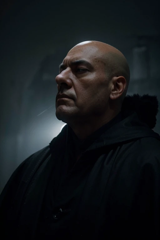 "Theme: The Enlightened Dictator
Visualize an intriguing scene that depicts a bald dictator wearing a black cape, with the light falling on his face dramatically, as if emanating an awe-inspiring aura. This image should capture the dictator's imposing presence, highlighting his baldness as a symbol of authority and power. Focus on the details to convey the intensity of the moment: the dictator's serious and determined expression, the deep creases in his face, the rich texture of the black cape and the plays of light and shadow that highlight his figure. Use a color palette that highlights the dark and mysterious atmosphere of the scene, with a cinematic style that intensifies the visual impact. Ensure that each element of the image contributes to the narrative, creating a powerful and evocative representation of a charismatic and enigmatic leader."