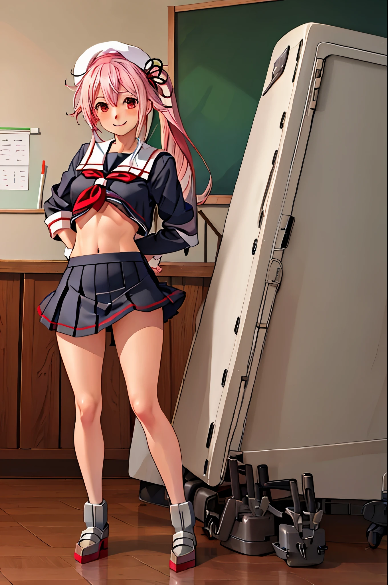 highest quality, masterpiece, High resolution, 1 girl, (KanColle)(harusame Kantai Collection:1.15), brown hair, red eyes,  smile, slender body, full body figure,pink hair, side ponytail, (black sailor uniform), pleated skirt, classroom background, slender body, full body figure, classroom background, slender body, full body figure, , (panties), (bra), squat, (flashy underwear),