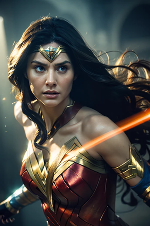 (high quality,4k,realistic,photorealistic:1.2),close-up of Wonder Woman(life-like:1.1), detailed features, flowing hair, determined expression, shining armor, vibrant colors, intense action, dynamic pose, sparkling eyes, powerful aura, iconic costume, glowing lasso of truth, awe-inspiring presence, stunning visuals, immersive atmosphere, otherworldly background, distorted space, eerie atmosphere, haunting undead figures, volumetric lighting effects, dramatic light shafts, lens flares, intricate details, realistic textures, hyperrealistic rendering, stock photo-like quality, Unreal Engine magic