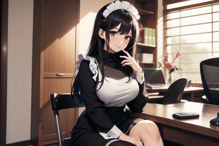 1girl, anime, black eyes, long black hair with square bangs, very long black hair, super long black hair, skirt and stockings, heels, black Japanese style kimono mixed with ribbed black sweater with red accents and sakura floral design, ((ribbed black sweater)) adult, (Japanese shrine/temple background), gamer, (((gamergirl))),  (((office lady))), kimono sleeves, garter, graceful, (((maid uniform design))), broom, sweeping, cleaning, happy, feather duster